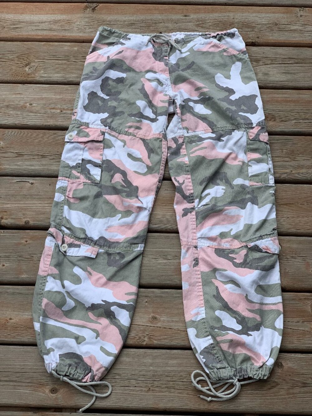 Vtg Y2K Camo Cargo Pants XS Pink Green Low Rise Drawstring Streetwear Gorpcore